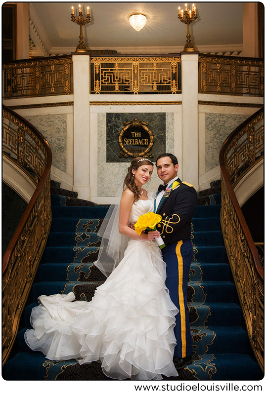 Bride and Groom on the staircase - Seelbach Wedding - Louisville